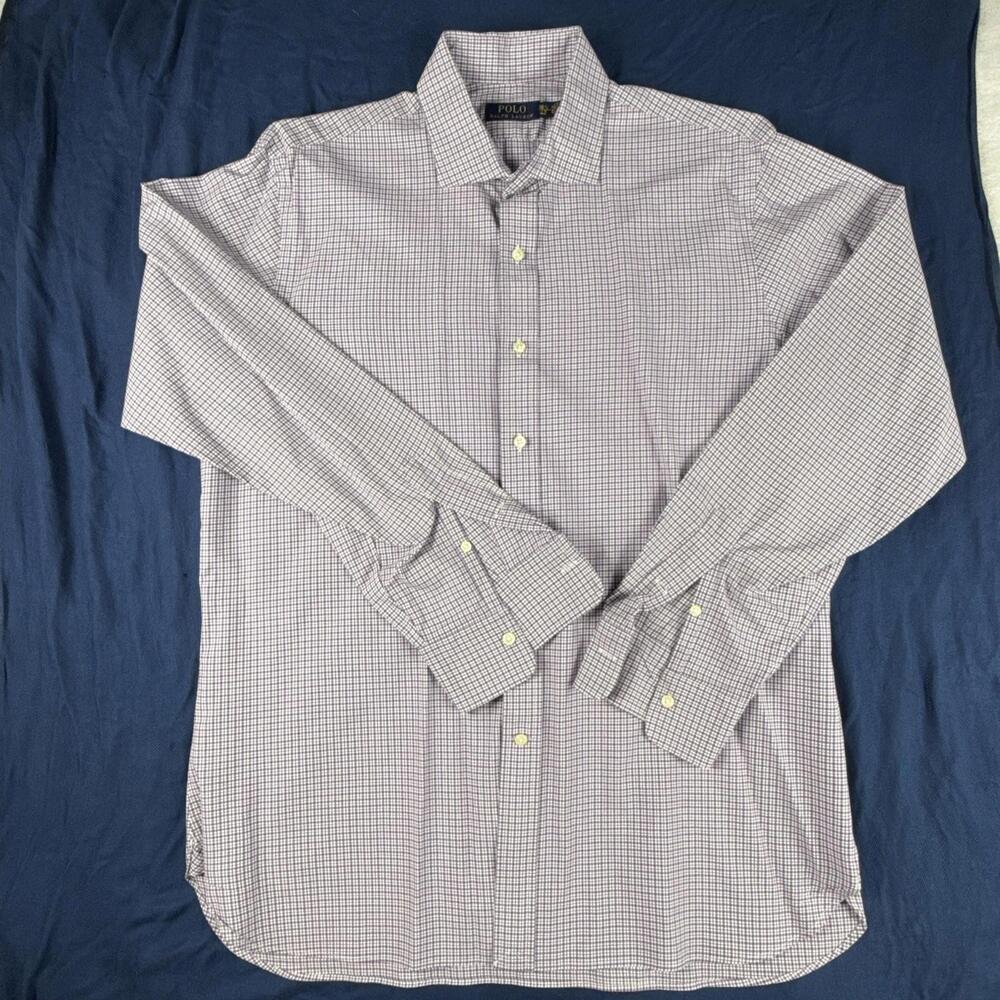 Ralph Lauren Men's Dress Shirt White Purple & Black Plaid Check 16.5